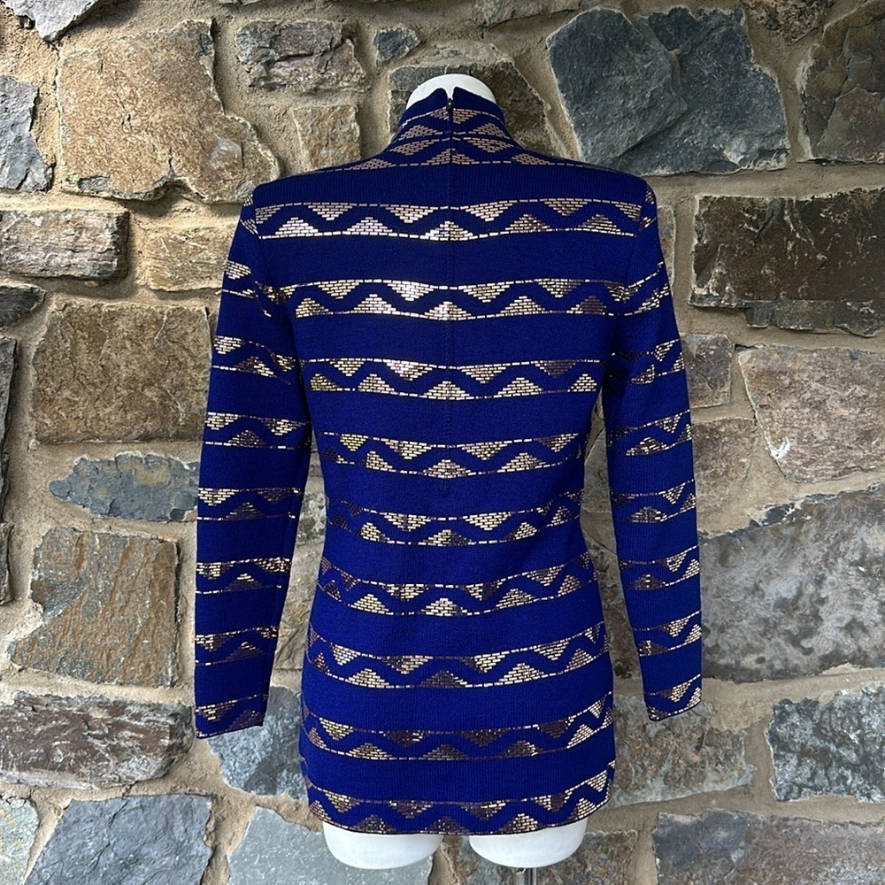 St. John Evening By Marie Gray Knit Mock Neck Sweater in Royal Blue/Gold Size 6 - Picture 6 of 8